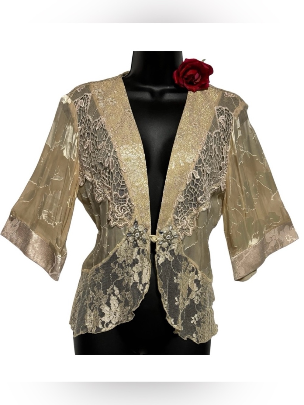 VTG Spencer Alexis Metallic Gold Lace Mixed Media Kimono Jacket glam PL